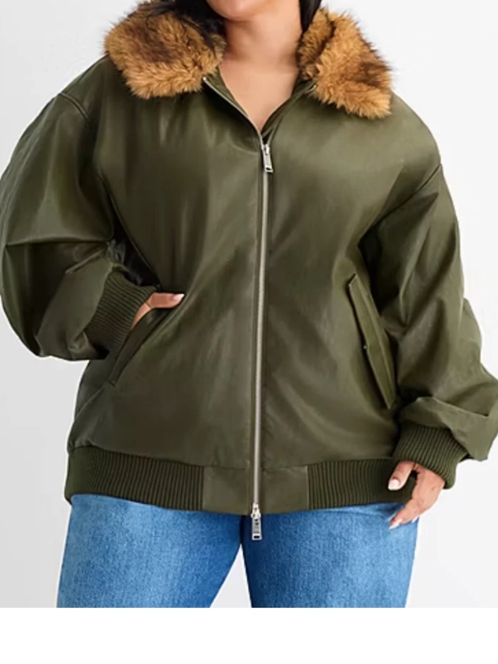 Ashley Graham Olive Bomber Jacket with Brown Faux-Fur Collar